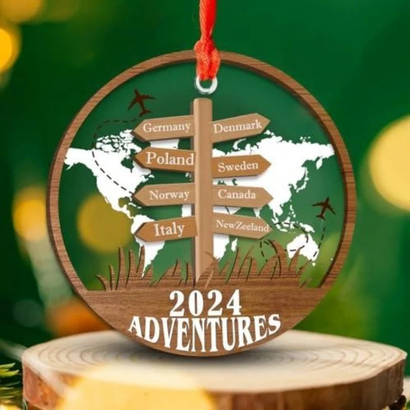 Close-up of the wood-effect signpost with eight destinations and the year